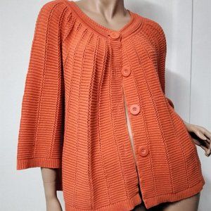 Chico's Size 3 Button Up Cardigan Sweater Coral Orange Loose Knit 3/4 Sleeves 06